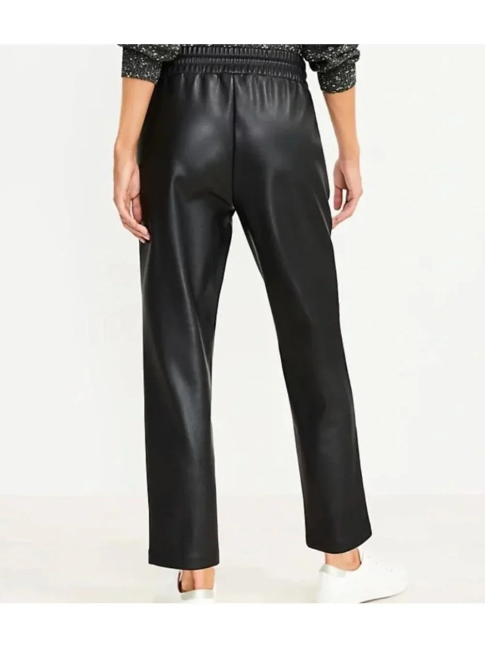 LOFT‎ Faux Leather Pull On Ankle Pants Black Pockets Size S Cropped Drawstring